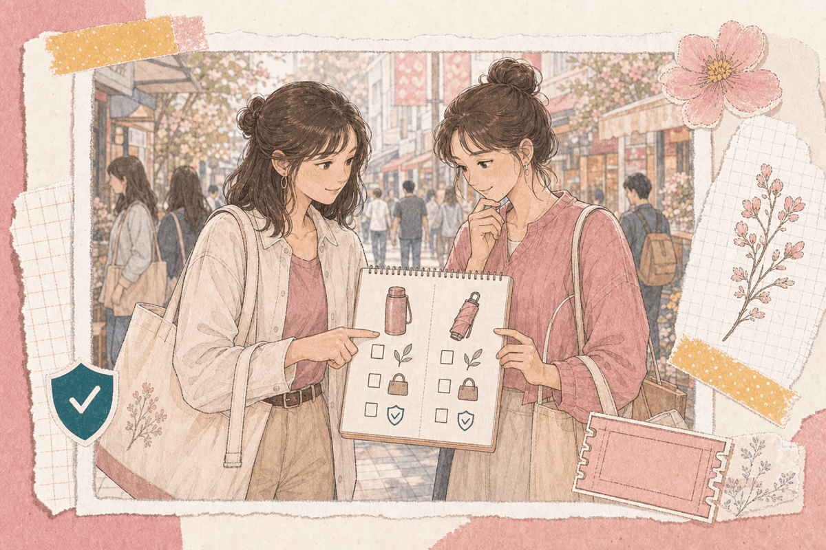 粉色手帳插畫，公開商圈挑禮物、購物清單與低風險小任務