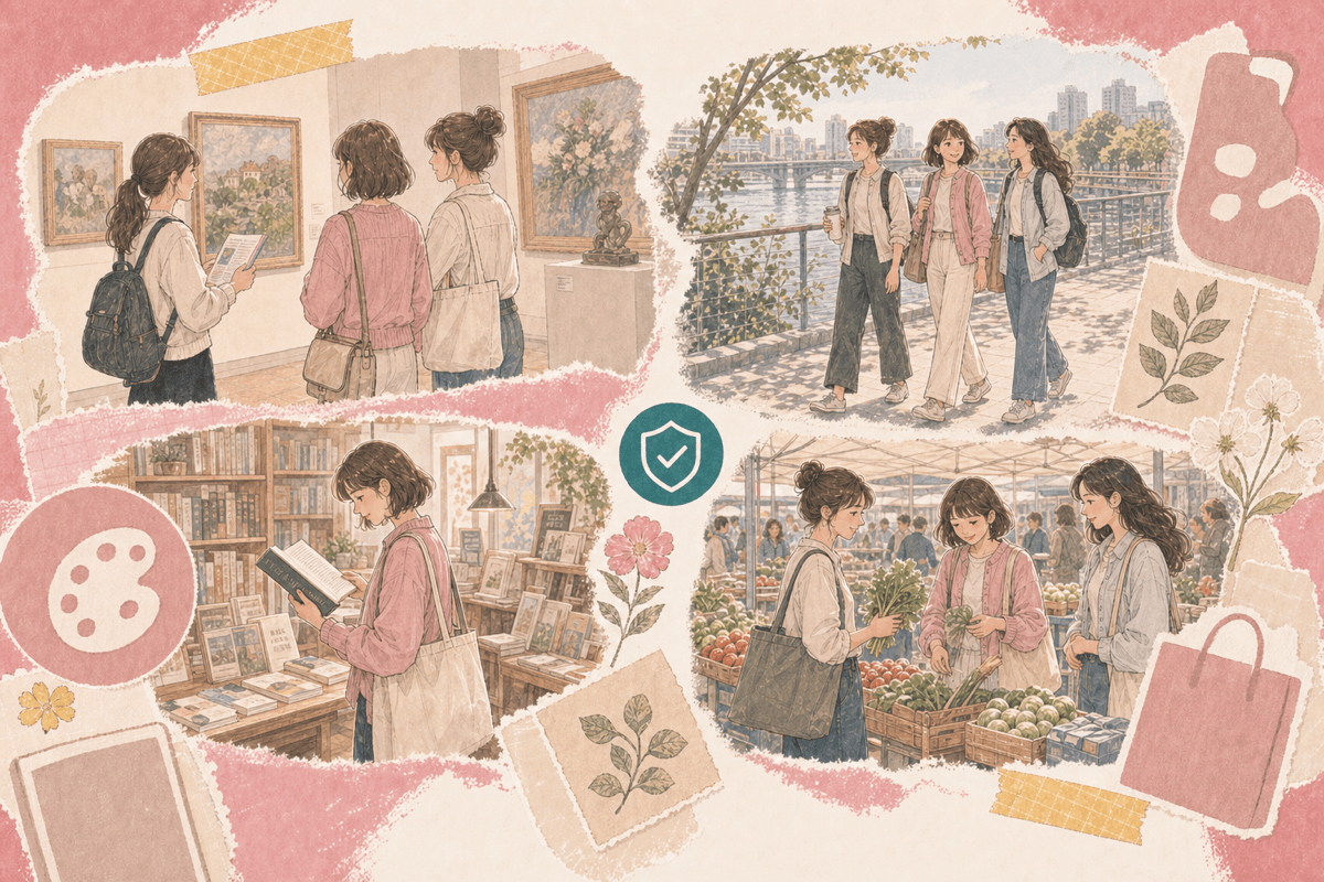粉色手帳插畫，週末看展、河岸散步、逛書店與白天市集