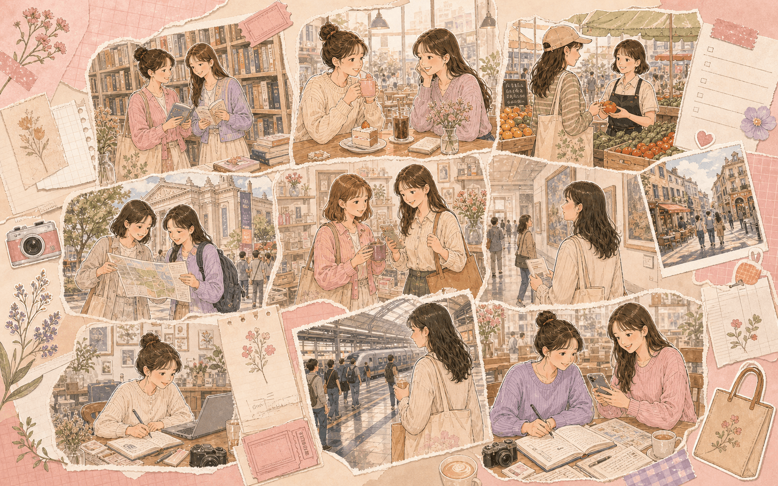粉色手帳插畫，公開生活場景與小任務拼貼