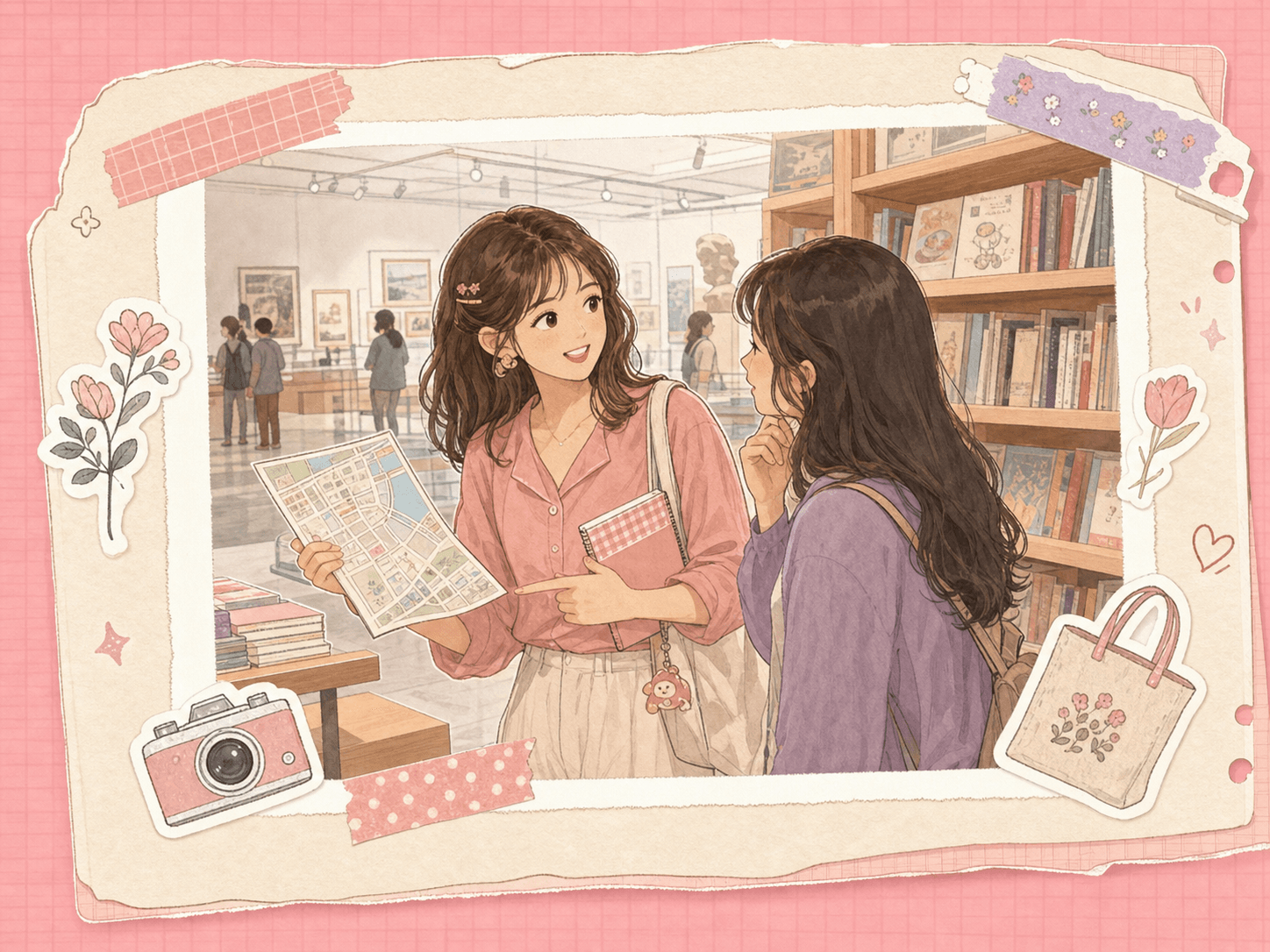 粉色手帳插畫，兩人在書店與展覽場景一起散步