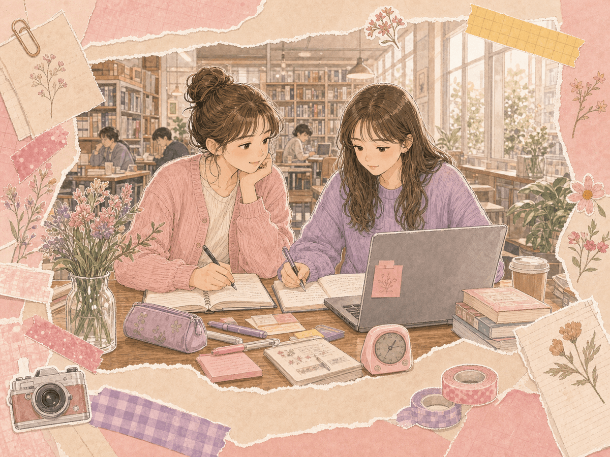 粉色手帳插畫，兩人在公共空間一起讀書共工