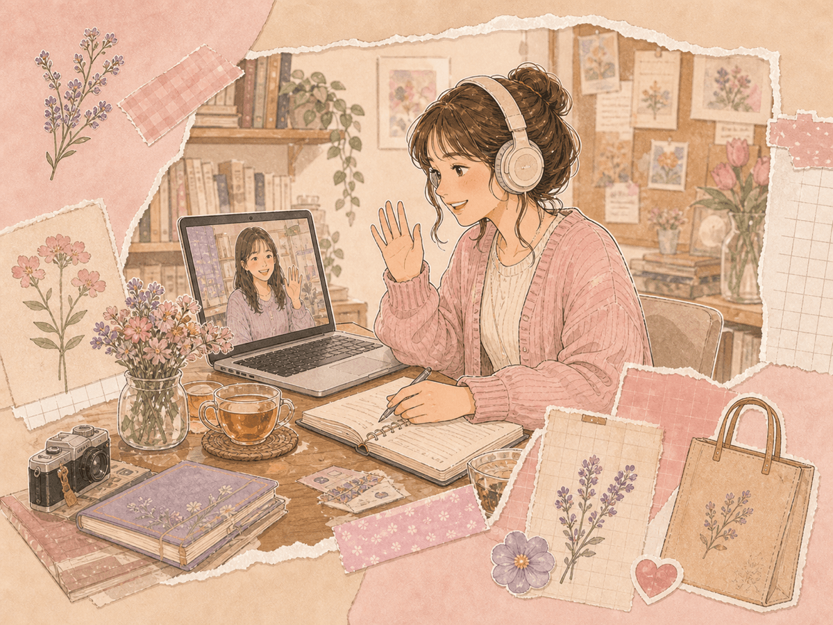 粉色手帳插畫，線上語音聊天時整理心情的情境